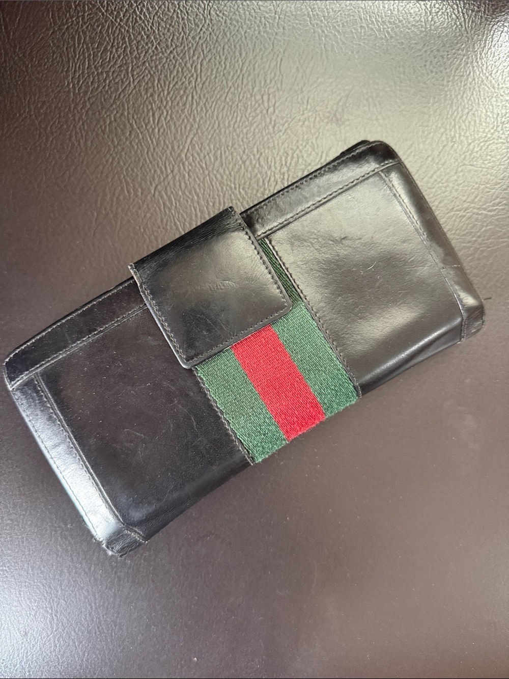 Gucci Black Leather Wallet with Green and Red Stripe and Gold Snap - Picture 1 of 5